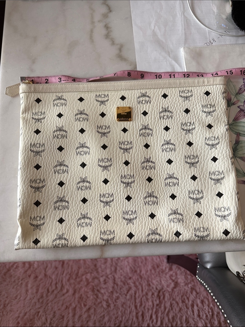 MCM White Leather Logo Pouch with Black Monogram